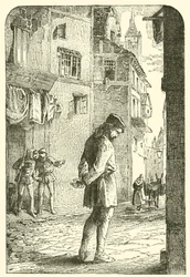 Bernard Palissy, el alfarero hugonote, con la cabeza inclinada en las calles